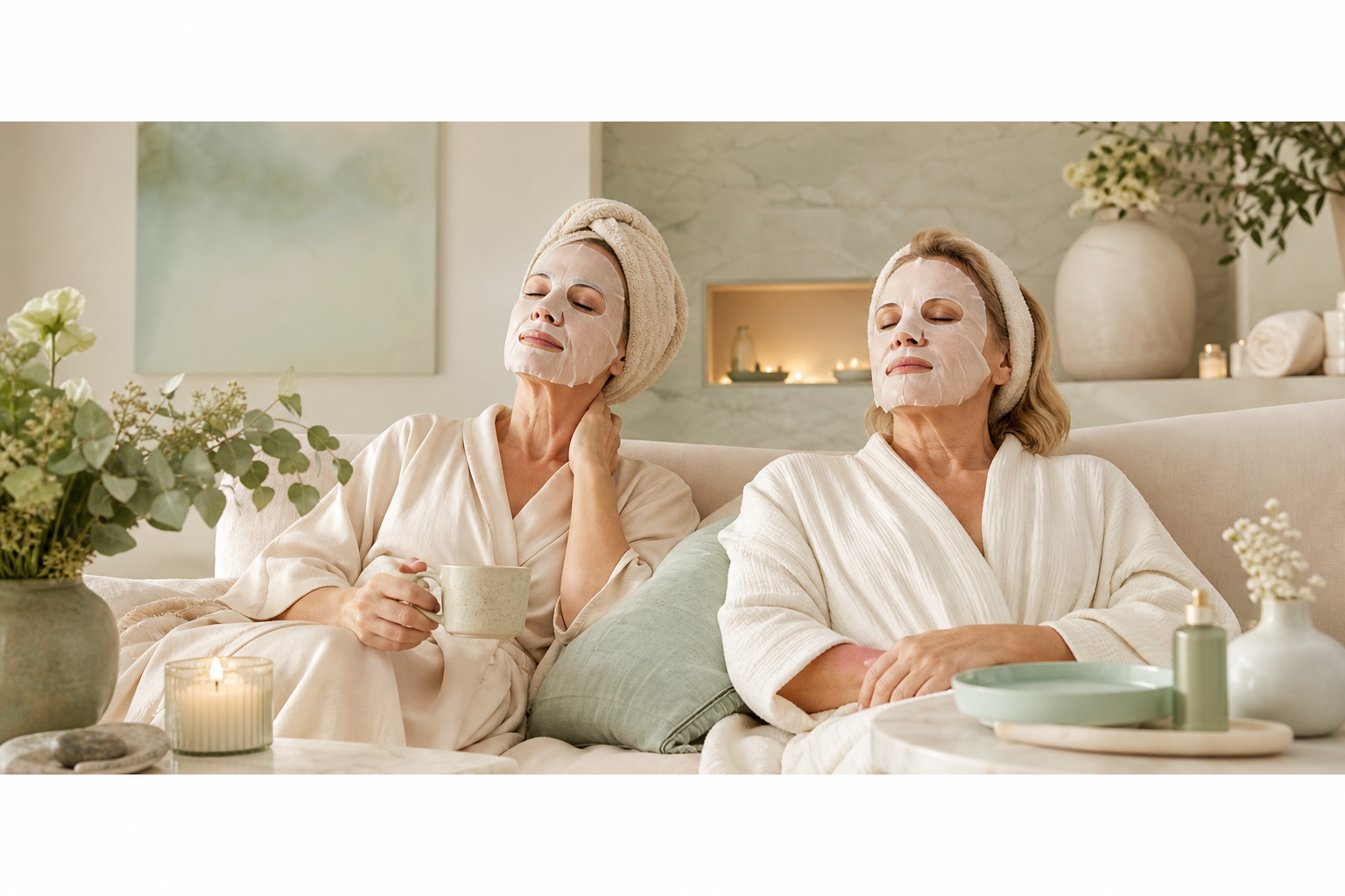 Dos mujeres disfrutando del ritual con máscaras faciales blancas Aurora Fitomask