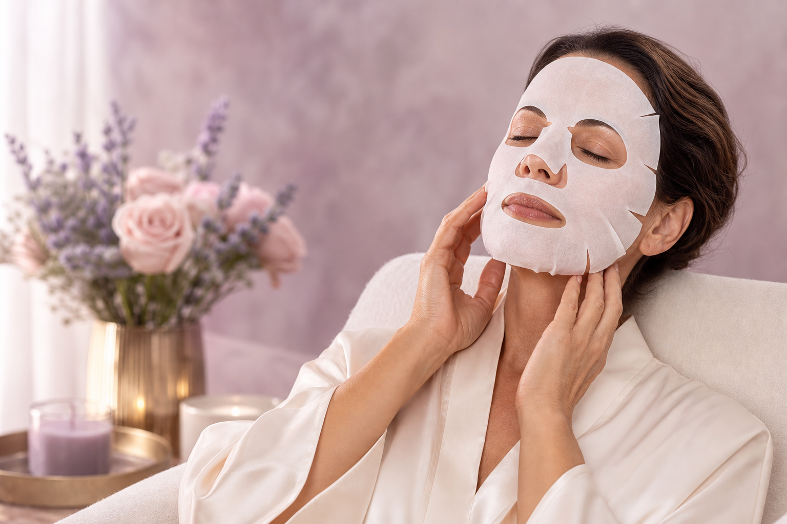 Mujer madura con máscara facial blanca Aurora Fitomask en ambiente spa